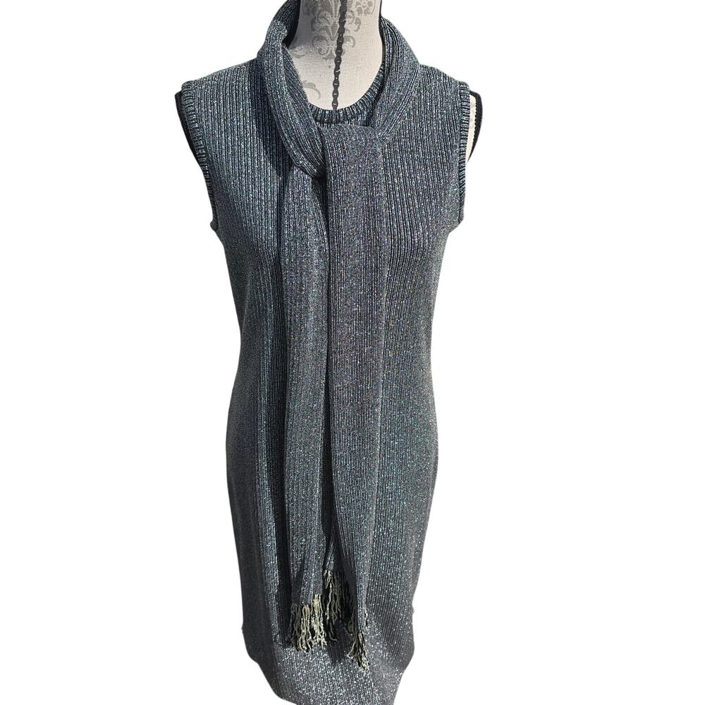 Vintage Toni Todd Shimmer Silver Black Maxi Dress with Matching Scarf Glam Chic